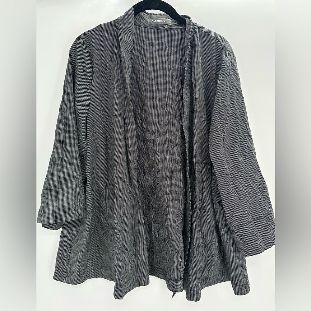 Alembika Open Front Jacket Gray Micro Check Crinkle Texture Size 1 4-6